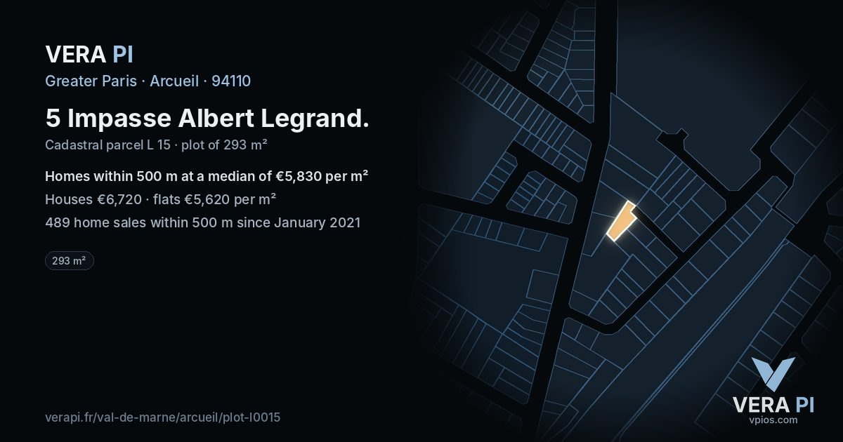 5 Impasse Albert Legrand, Arcueil at night – the plot lit, the parcels around coloured by the prices near them