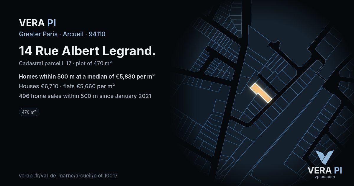 14 Rue Albert Legrand, Arcueil at night – the plot lit, the parcels around coloured by the prices near them