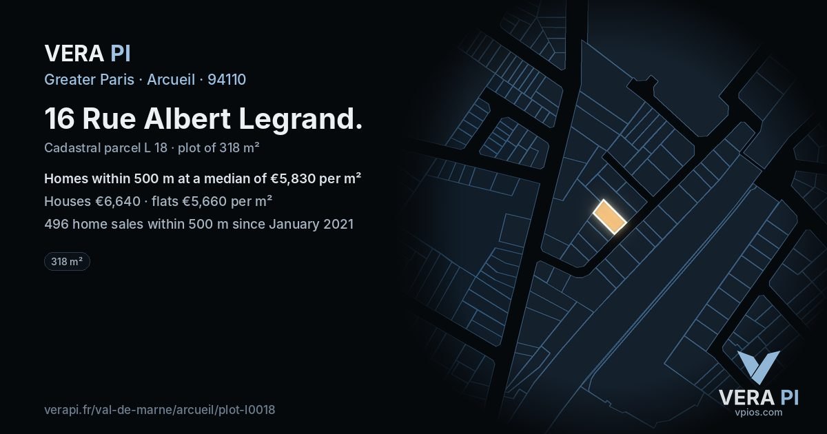 16 Rue Albert Legrand, Arcueil at night – the plot lit, the parcels around coloured by the prices near them