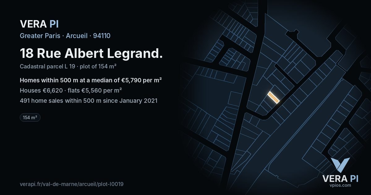 18 Rue Albert Legrand, Arcueil at night – the plot lit, the parcels around coloured by the prices near them