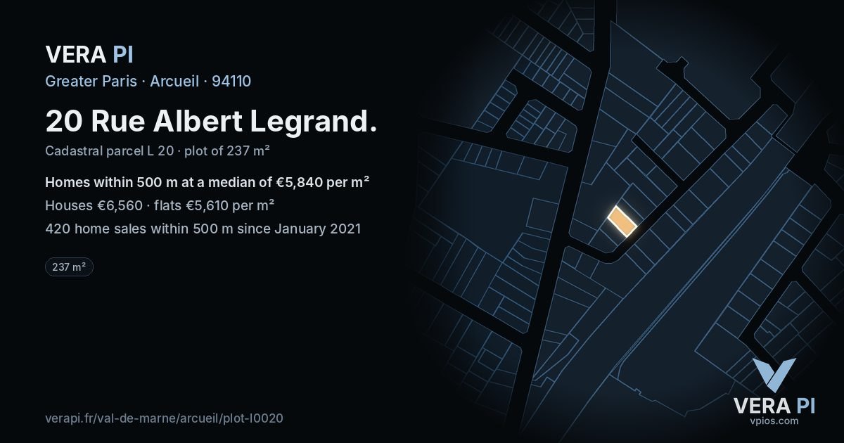 20 Rue Albert Legrand, Arcueil at night – the plot lit, the parcels around coloured by the prices near them