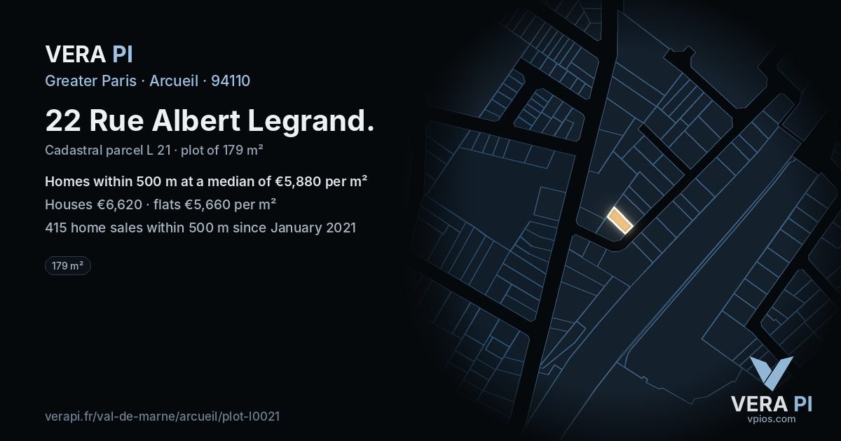 22 Rue Albert Legrand, Arcueil at night – the plot lit, the parcels around coloured by the prices near them