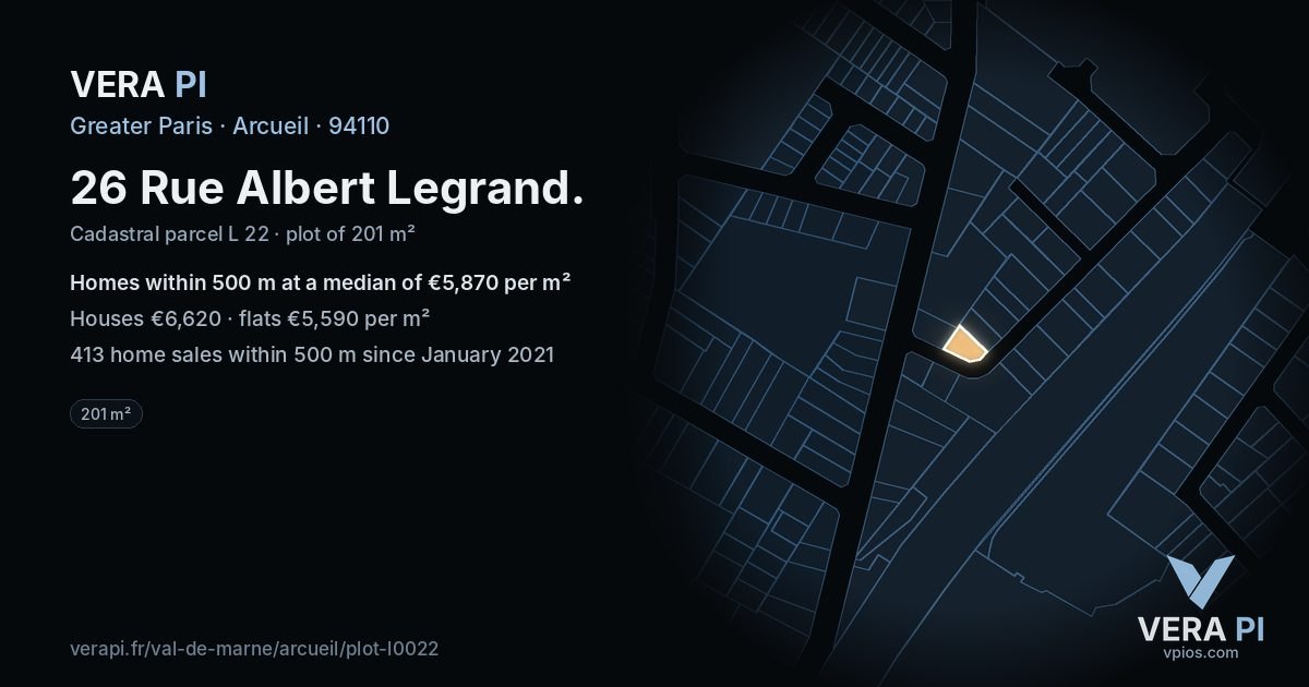 26 Rue Albert Legrand, Arcueil at night – the plot lit, the parcels around coloured by the prices near them