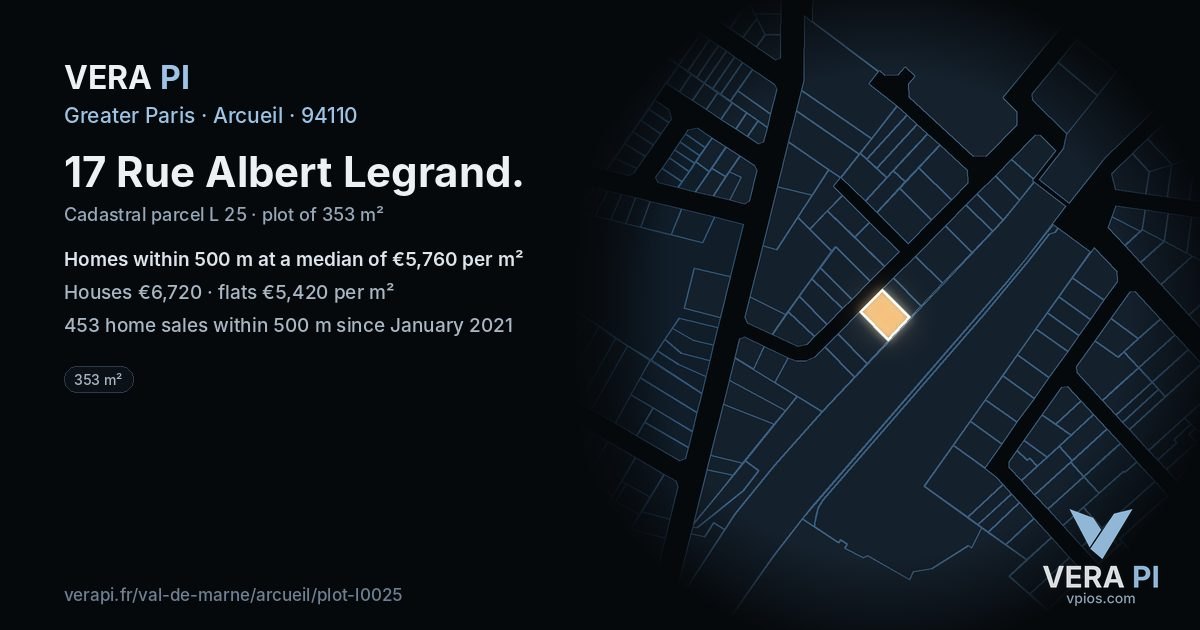 17 Rue Albert Legrand, Arcueil at night – the plot lit, the parcels around coloured by the prices near them