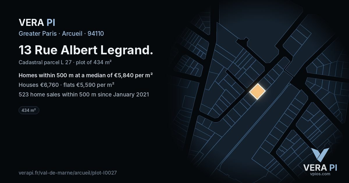 13 Rue Albert Legrand, Arcueil at night – the plot lit, the parcels around coloured by the prices near them