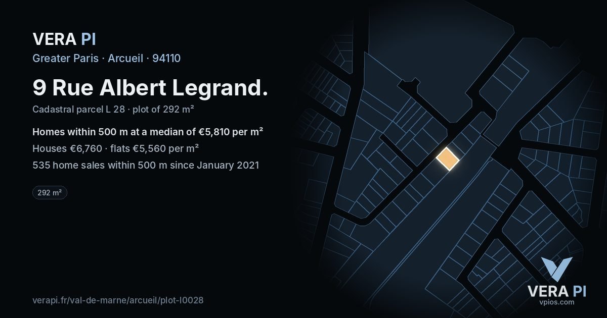 9 Rue Albert Legrand, Arcueil at night – the plot lit, the parcels around coloured by the prices near them