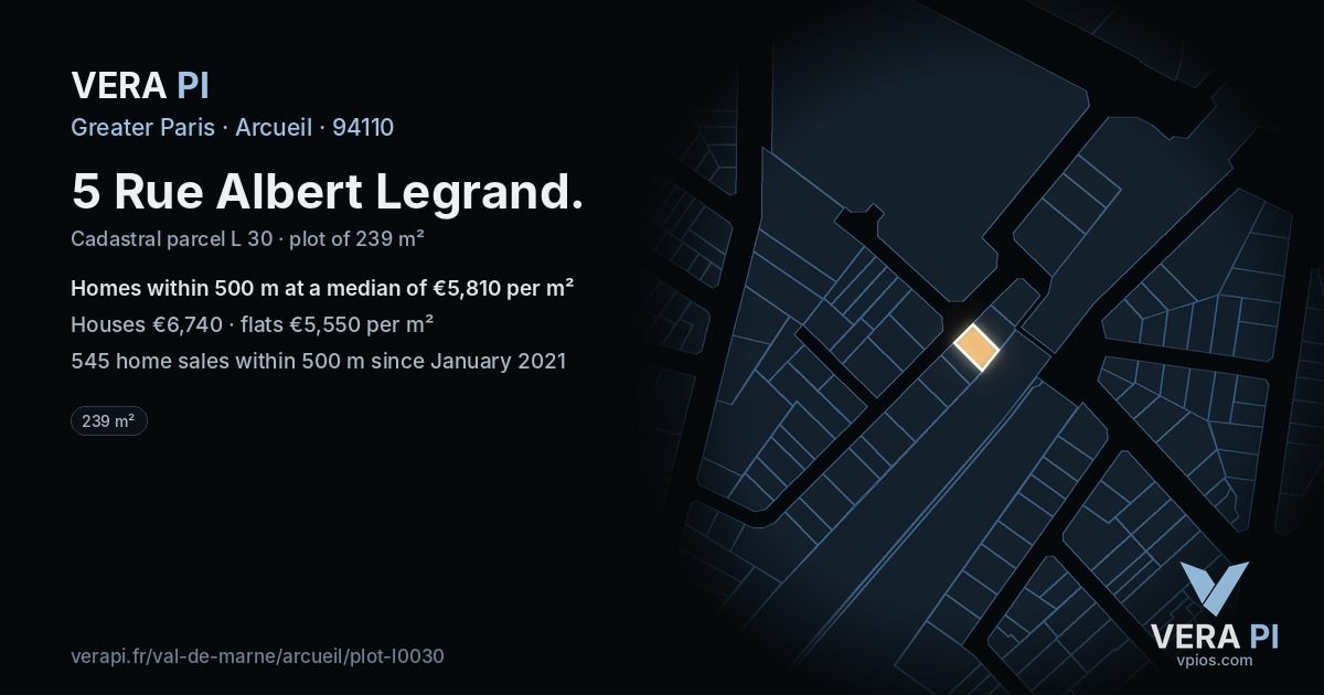 5 Rue Albert Legrand, Arcueil at night – the plot lit, the parcels around coloured by the prices near them