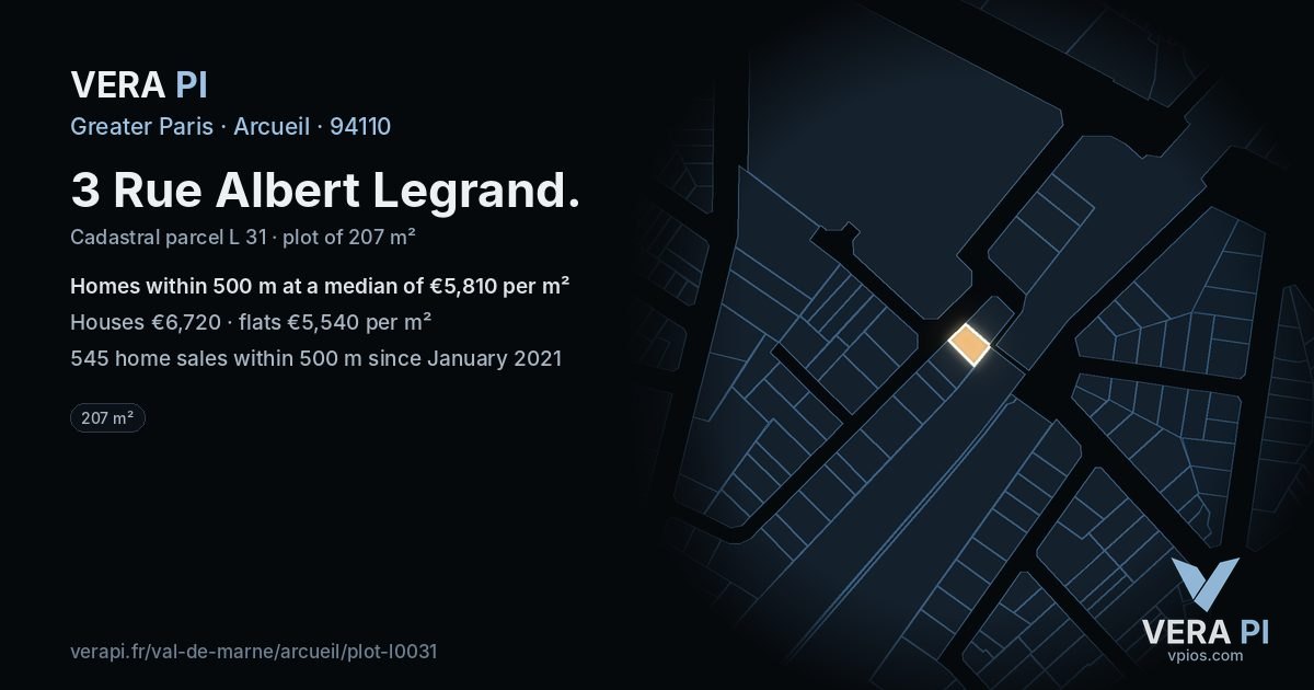 3 Rue Albert Legrand, Arcueil at night – the plot lit, the parcels around coloured by the prices near them