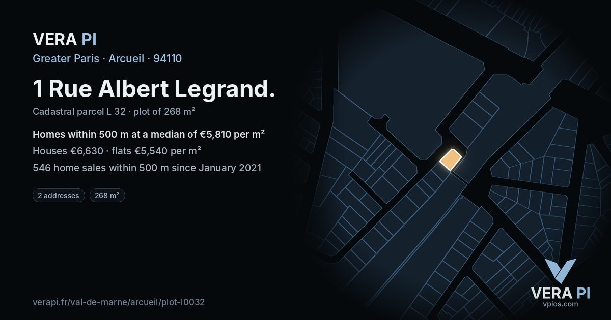 1 Rue Albert Legrand, Arcueil at night – the plot lit, the parcels around coloured by the prices near them