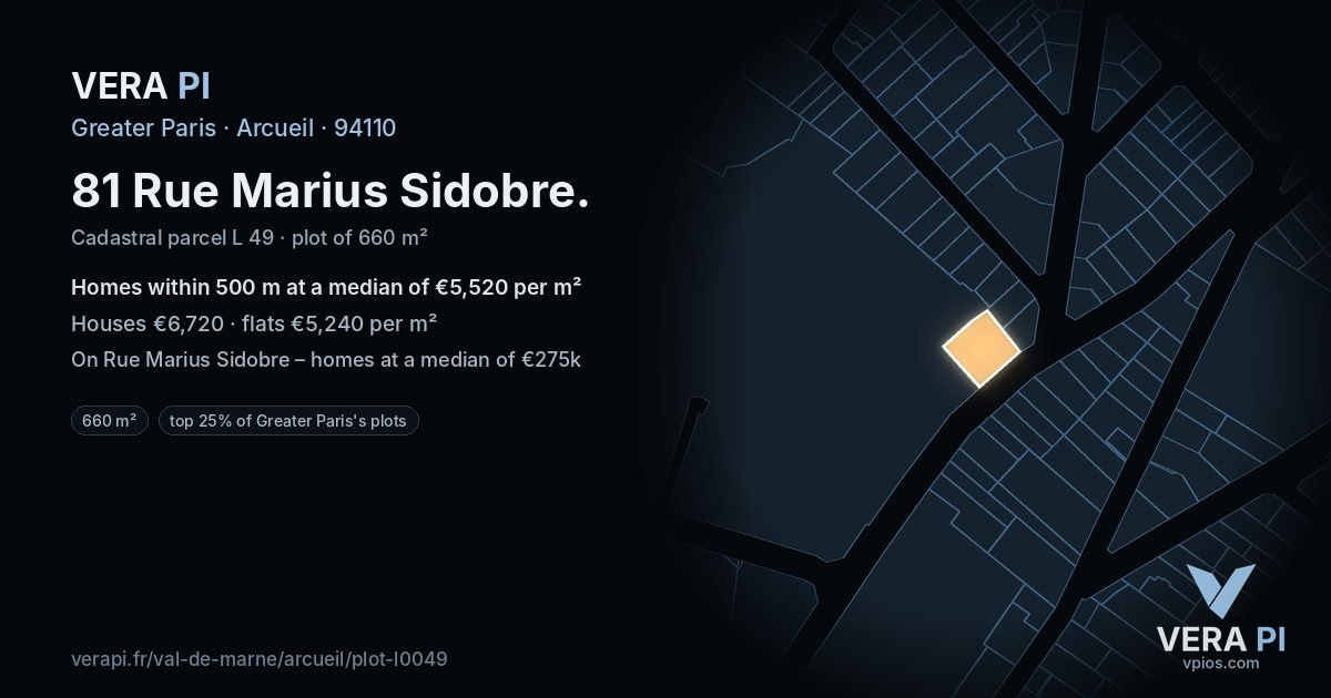 81 Rue Marius Sidobre, Arcueil at night – the plot lit, the parcels around coloured by the prices near them