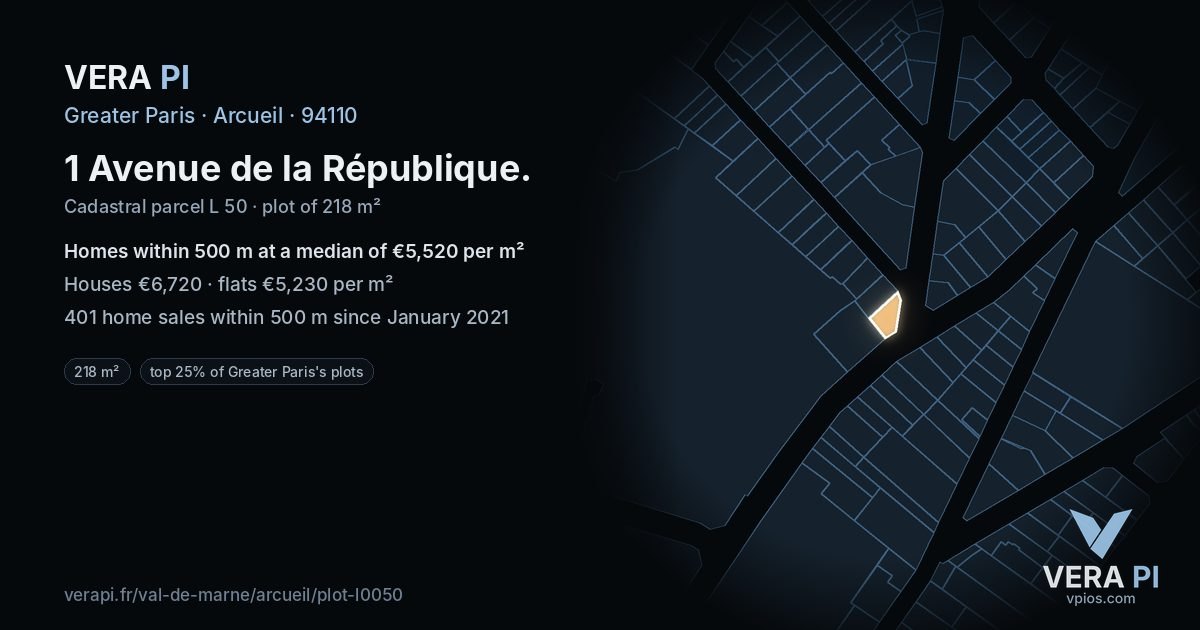 1 Avenue de la République, Arcueil at night – the plot lit, the parcels around coloured by the prices near them