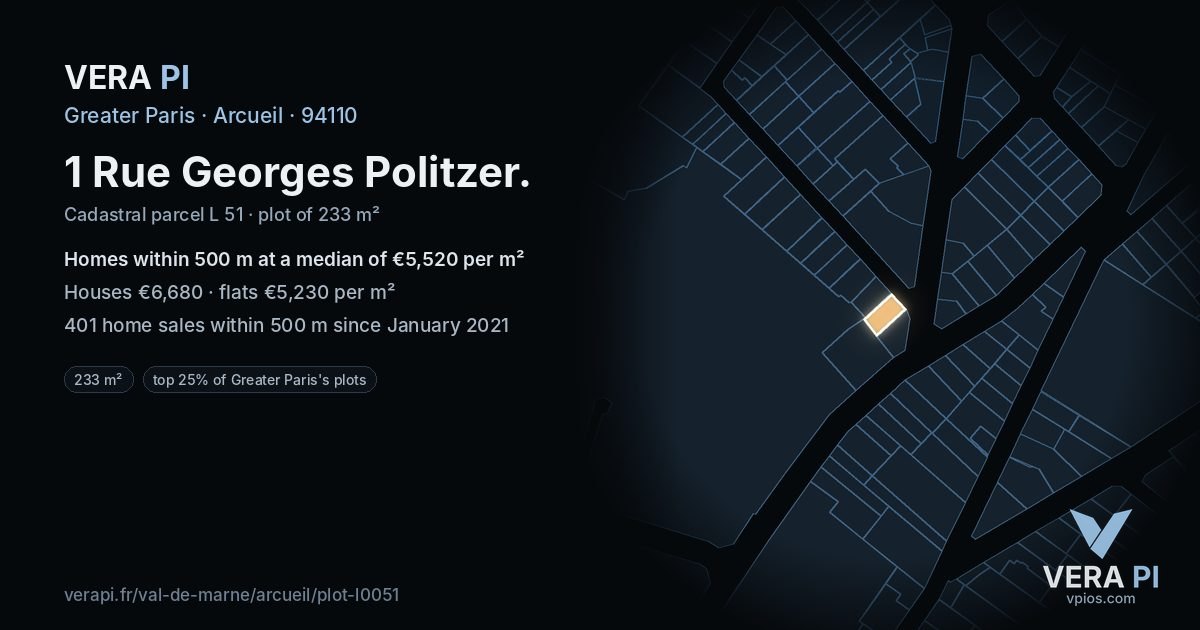 1 Rue Georges Politzer, Arcueil at night – the plot lit, the parcels around coloured by the prices near them