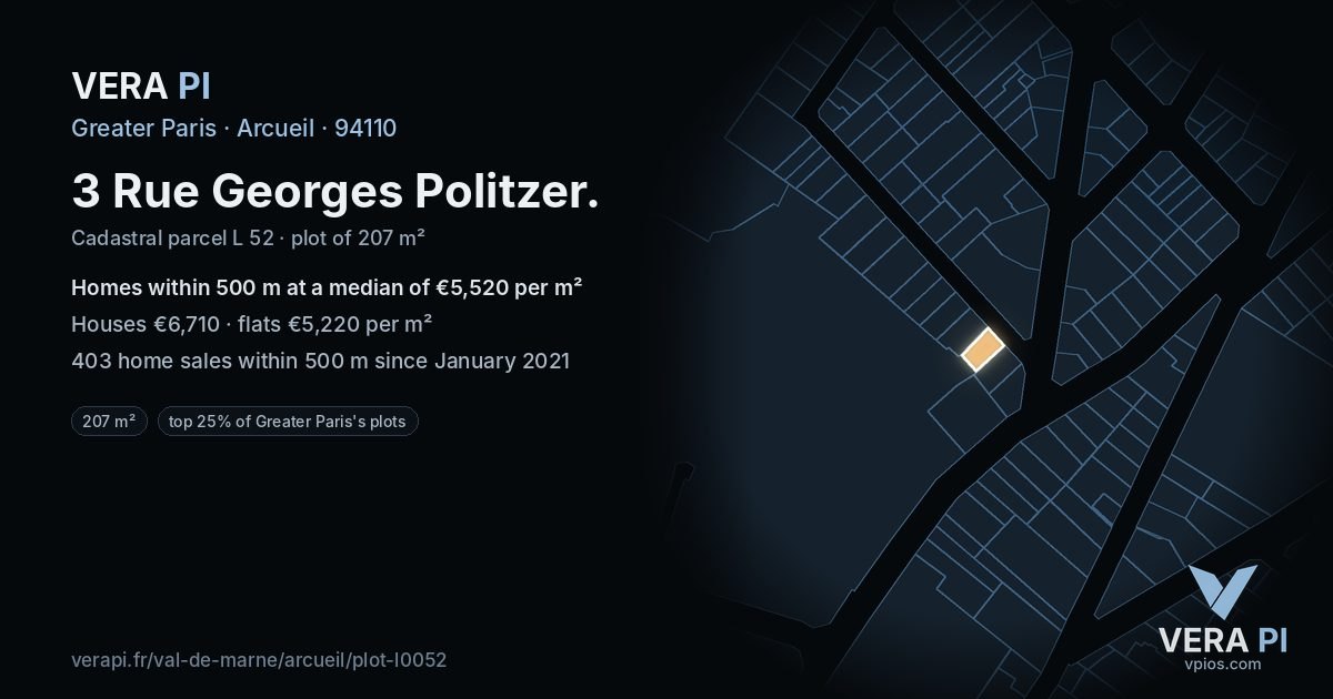 3 Rue Georges Politzer, Arcueil at night – the plot lit, the parcels around coloured by the prices near them