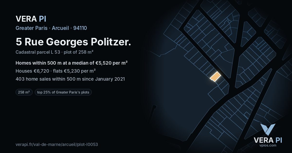 5 Rue Georges Politzer, Arcueil at night – the plot lit, the parcels around coloured by the prices near them