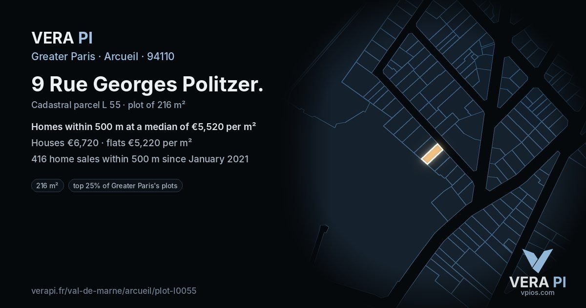 9 Rue Georges Politzer, Arcueil at night – the plot lit, the parcels around coloured by the prices near them