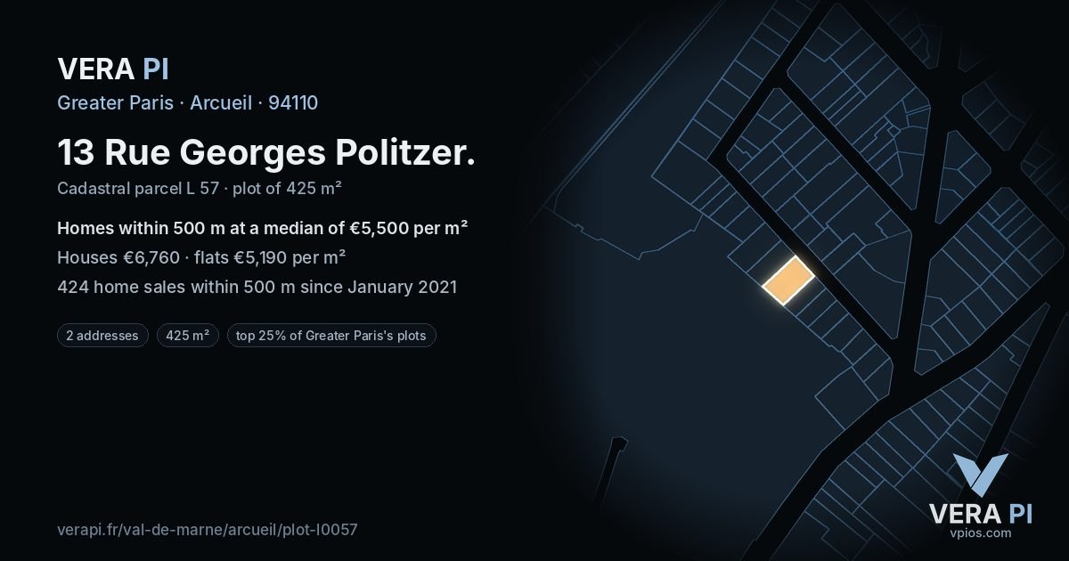 13 Rue Georges Politzer, Arcueil at night – the plot lit, the parcels around coloured by the prices near them
