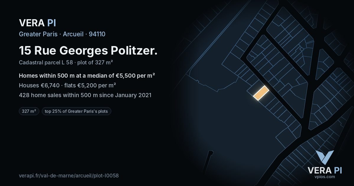 15 Rue Georges Politzer, Arcueil at night – the plot lit, the parcels around coloured by the prices near them