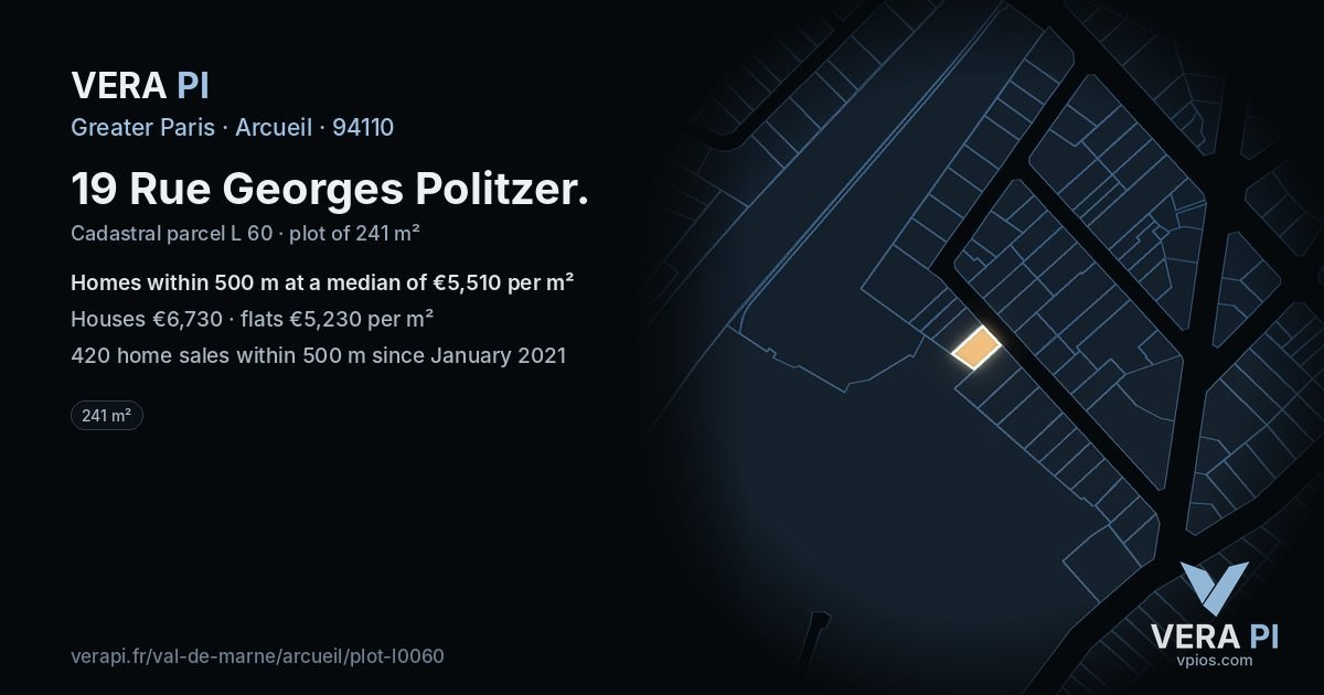 19 Rue Georges Politzer, Arcueil at night – the plot lit, the parcels around coloured by the prices near them