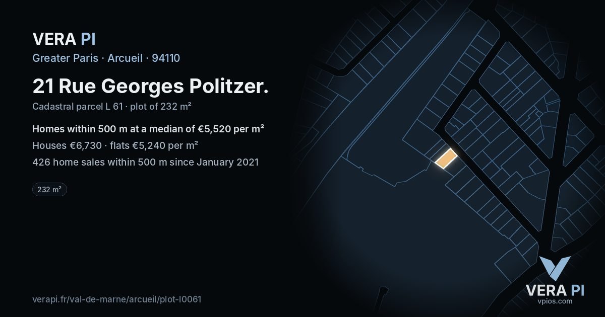 21 Rue Georges Politzer, Arcueil at night – the plot lit, the parcels around coloured by the prices near them