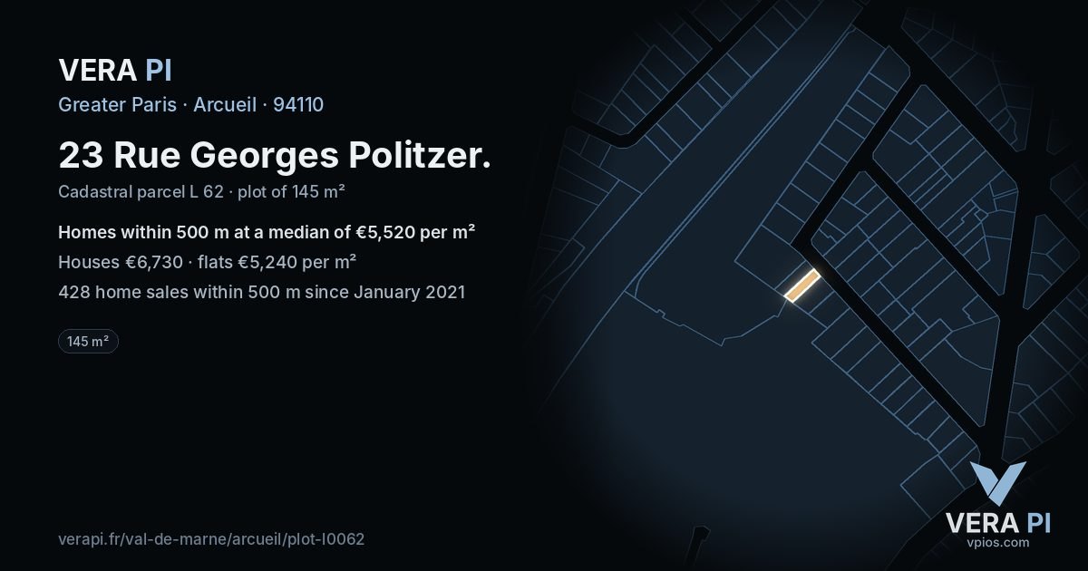 23 Rue Georges Politzer, Arcueil at night – the plot lit, the parcels around coloured by the prices near them