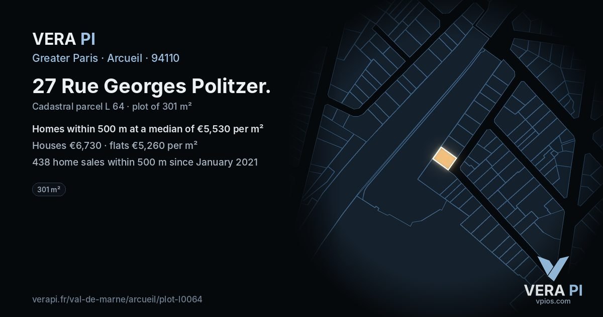 27 Rue Georges Politzer, Arcueil at night – the plot lit, the parcels around coloured by the prices near them
