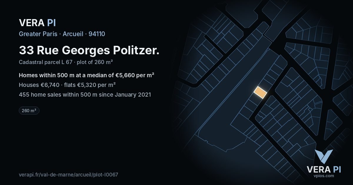 33 Rue Georges Politzer, Arcueil at night – the plot lit, the parcels around coloured by the prices near them