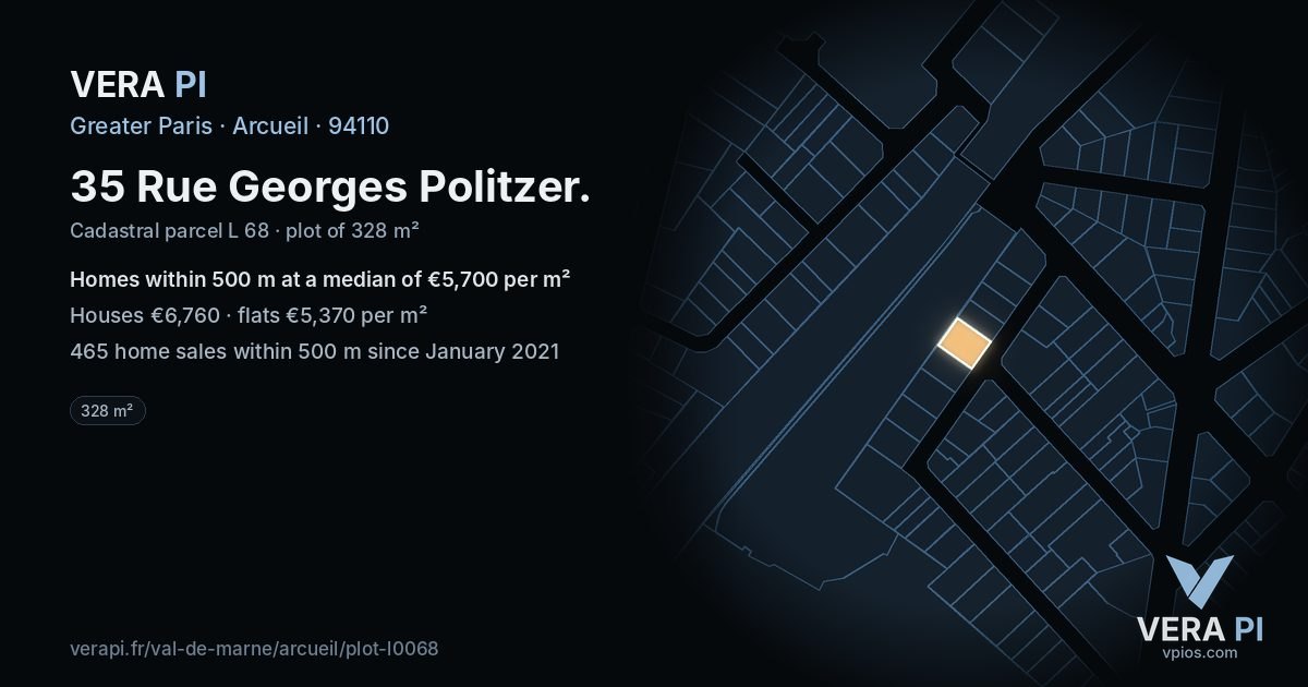 35 Rue Georges Politzer, Arcueil at night – the plot lit, the parcels around coloured by the prices near them