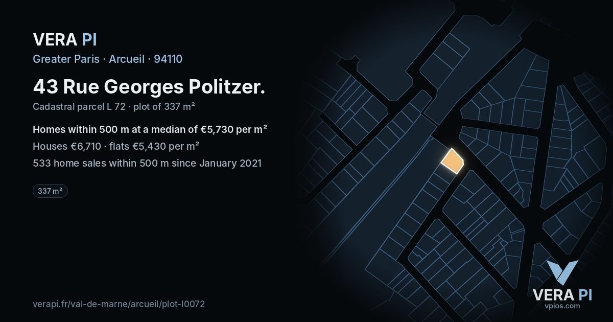 43 Rue Georges Politzer, Arcueil at night – the plot lit, the parcels around coloured by the prices near them