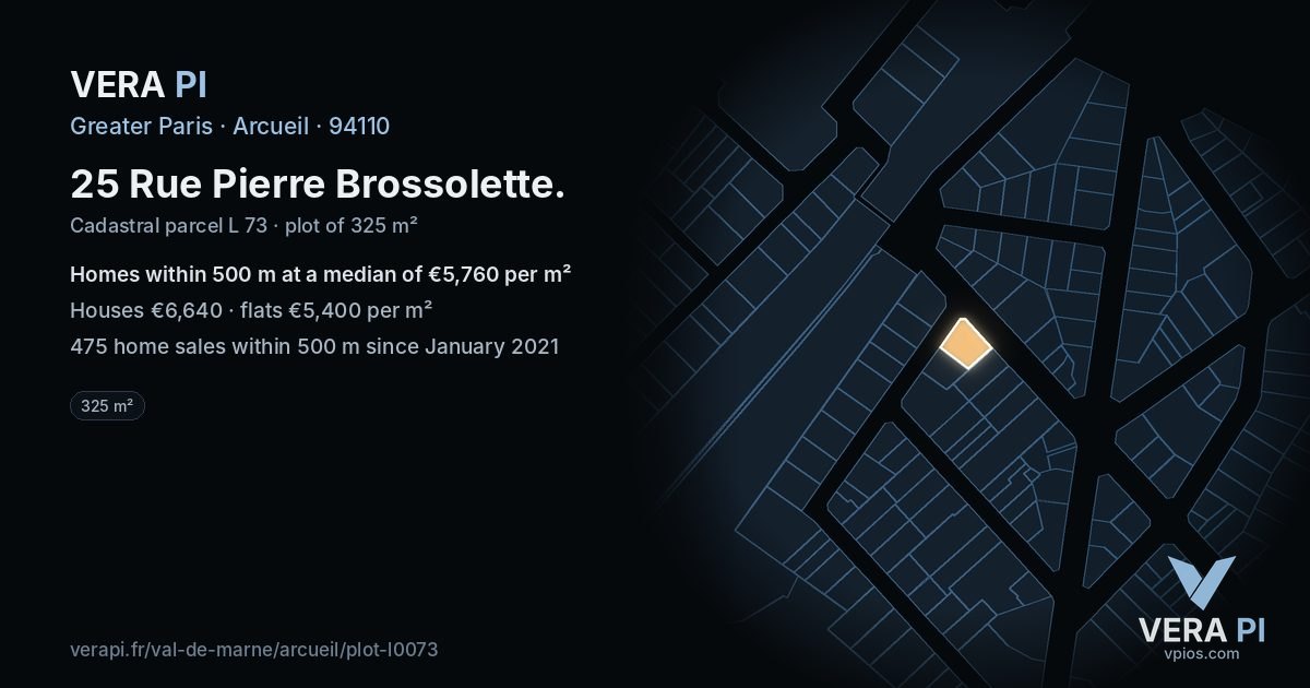 25 Rue Pierre Brossolette, Arcueil at night – the plot lit, the parcels around coloured by the prices near them