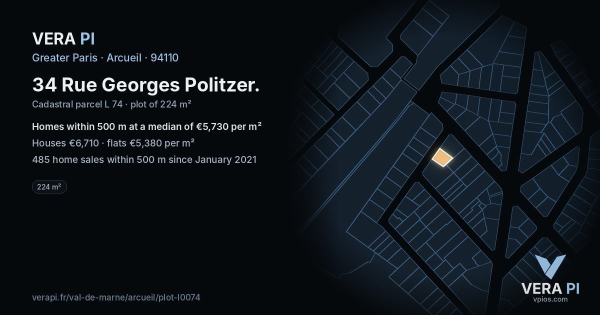 34 Rue Georges Politzer, Arcueil at night – the plot lit, the parcels around coloured by the prices near them