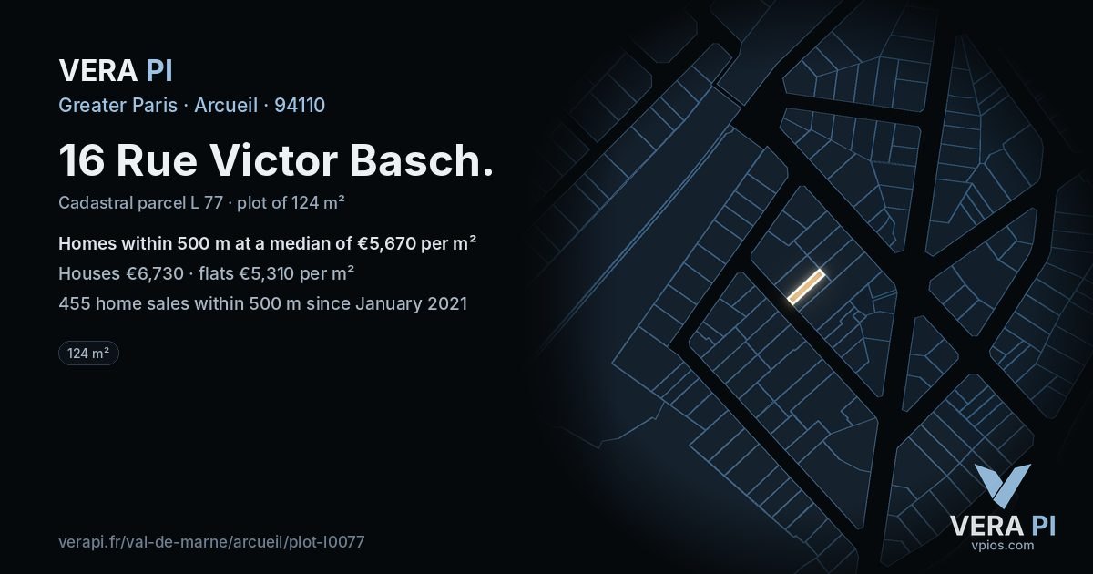16 Rue Victor Basch, Arcueil at night – the plot lit, the parcels around coloured by the prices near them