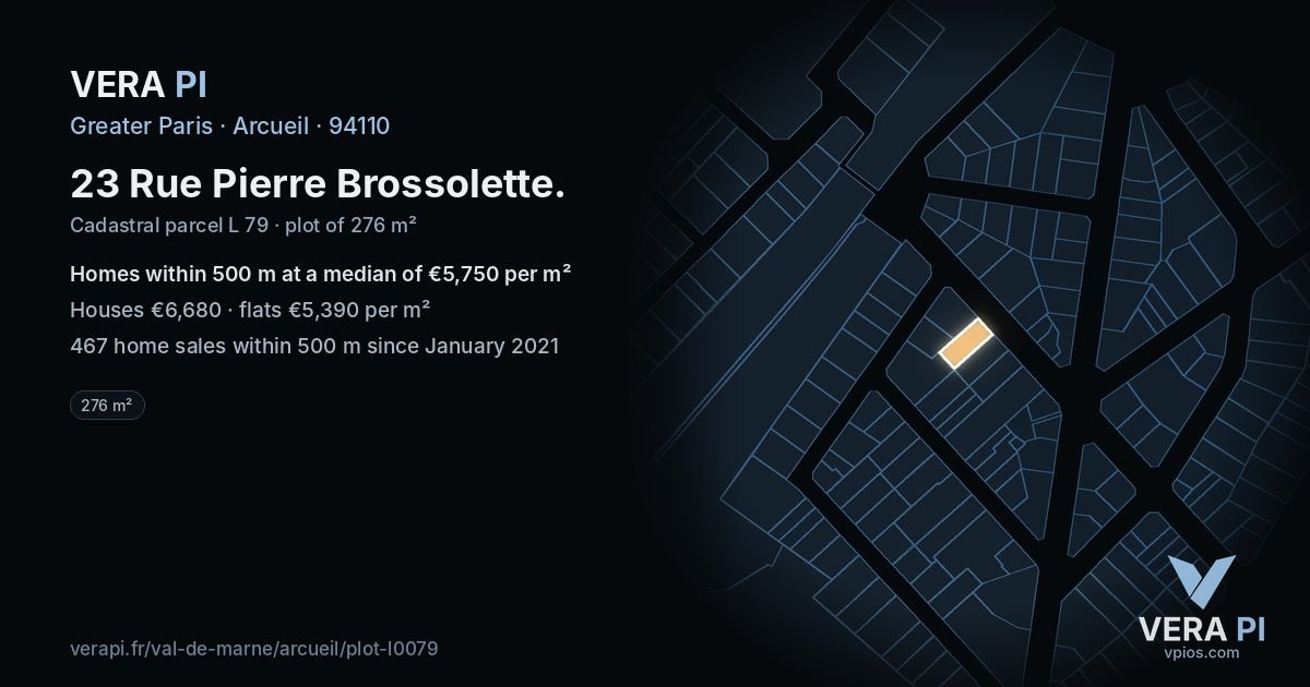 23 Rue Pierre Brossolette, Arcueil at night – the plot lit, the parcels around coloured by the prices near them