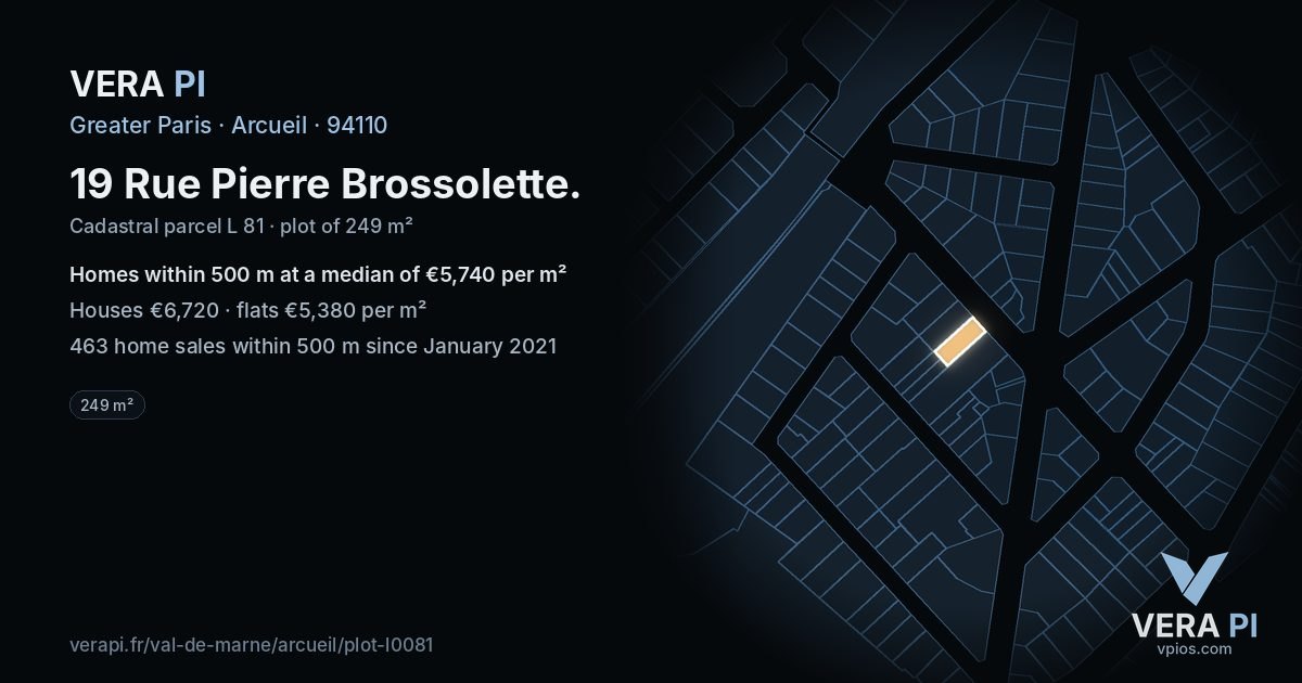 19 Rue Pierre Brossolette, Arcueil at night – the plot lit, the parcels around coloured by the prices near them