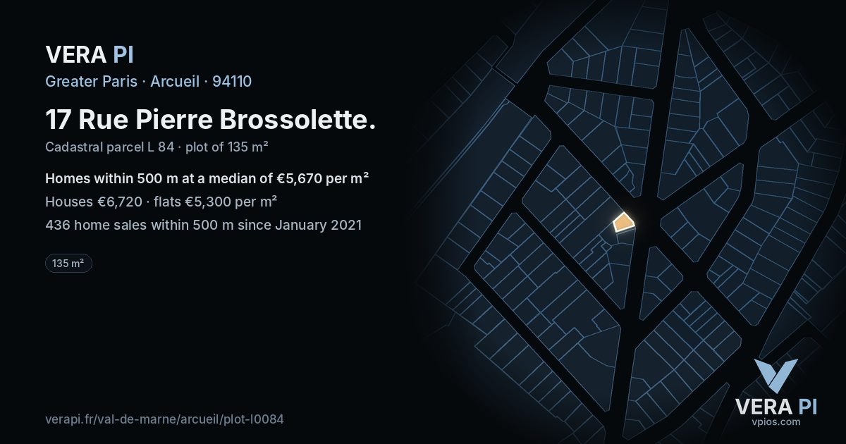 17 Rue Pierre Brossolette, Arcueil at night – the plot lit, the parcels around coloured by the prices near them
