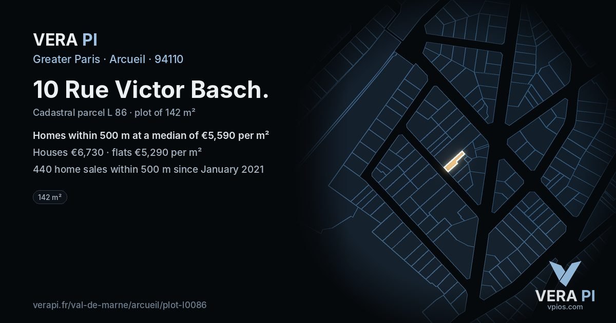 10 Rue Victor Basch, Arcueil at night – the plot lit, the parcels around coloured by the prices near them