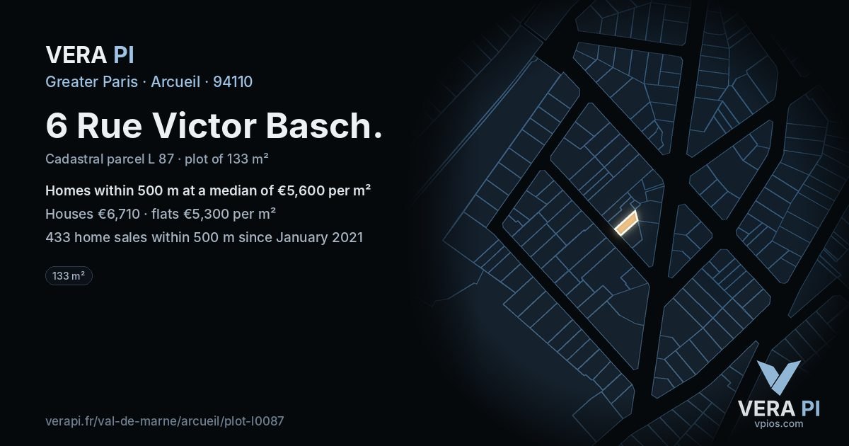 6 Rue Victor Basch, Arcueil at night – the plot lit, the parcels around coloured by the prices near them