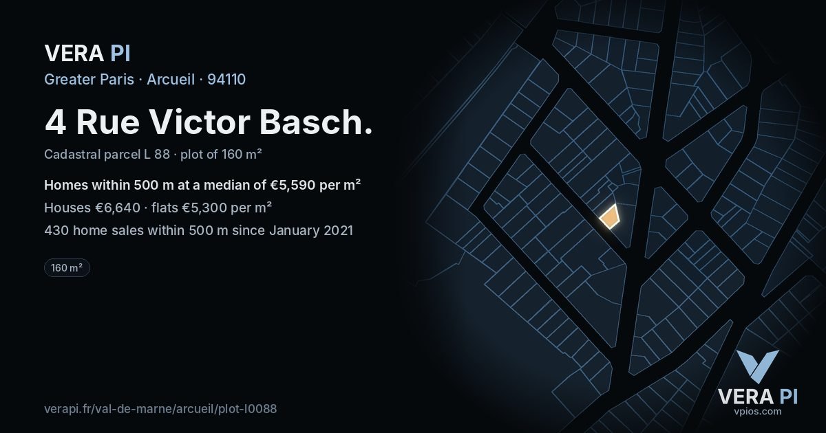 4 Rue Victor Basch, Arcueil at night – the plot lit, the parcels around coloured by the prices near them