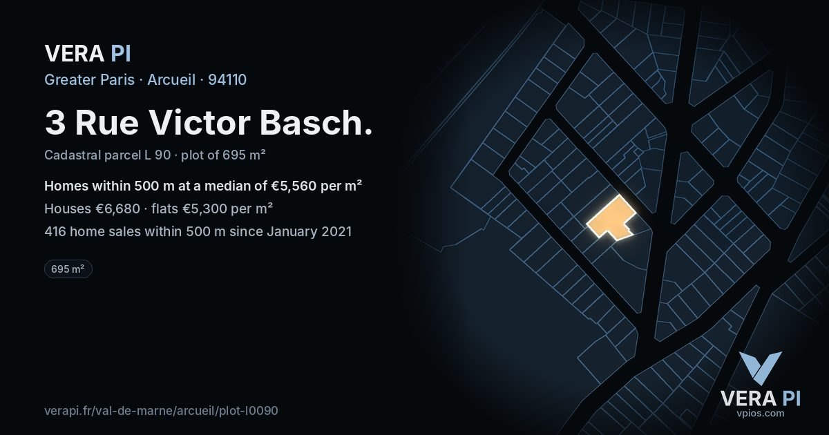 3 Rue Victor Basch, Arcueil at night – the plot lit, the parcels around coloured by the prices near them