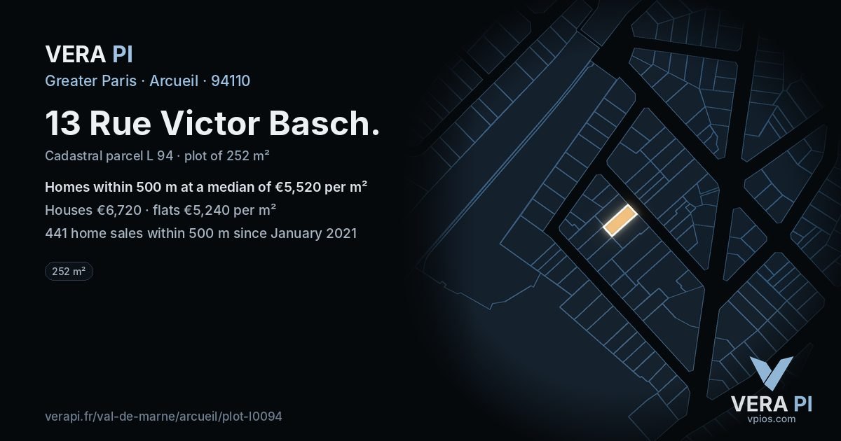 13 Rue Victor Basch, Arcueil at night – the plot lit, the parcels around coloured by the prices near them