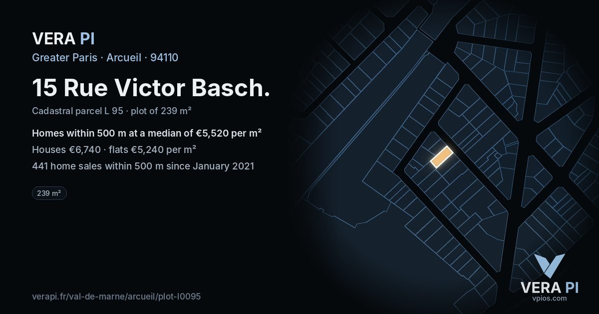 15 Rue Victor Basch, Arcueil at night – the plot lit, the parcels around coloured by the prices near them