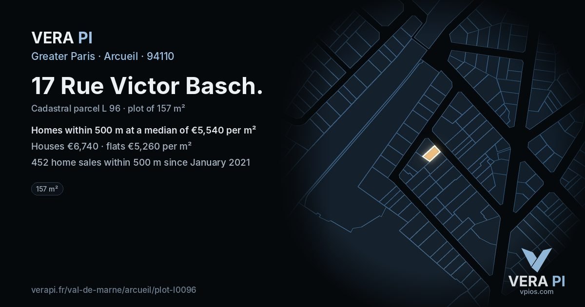 17 Rue Victor Basch, Arcueil at night – the plot lit, the parcels around coloured by the prices near them