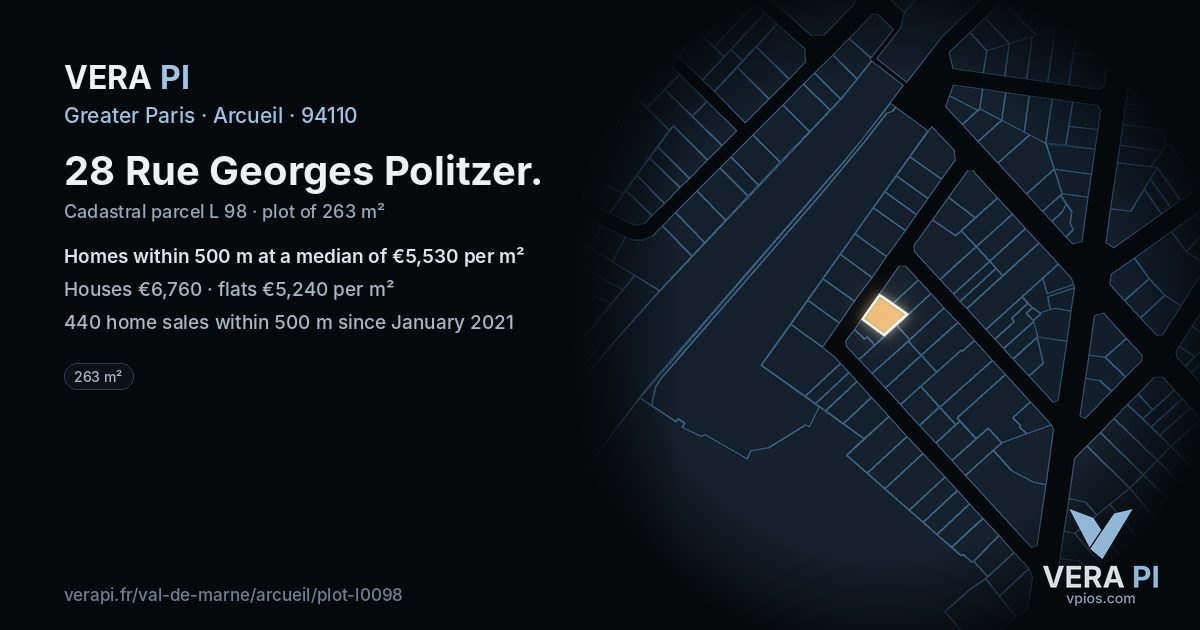28 Rue Georges Politzer, Arcueil at night – the plot lit, the parcels around coloured by the prices near them