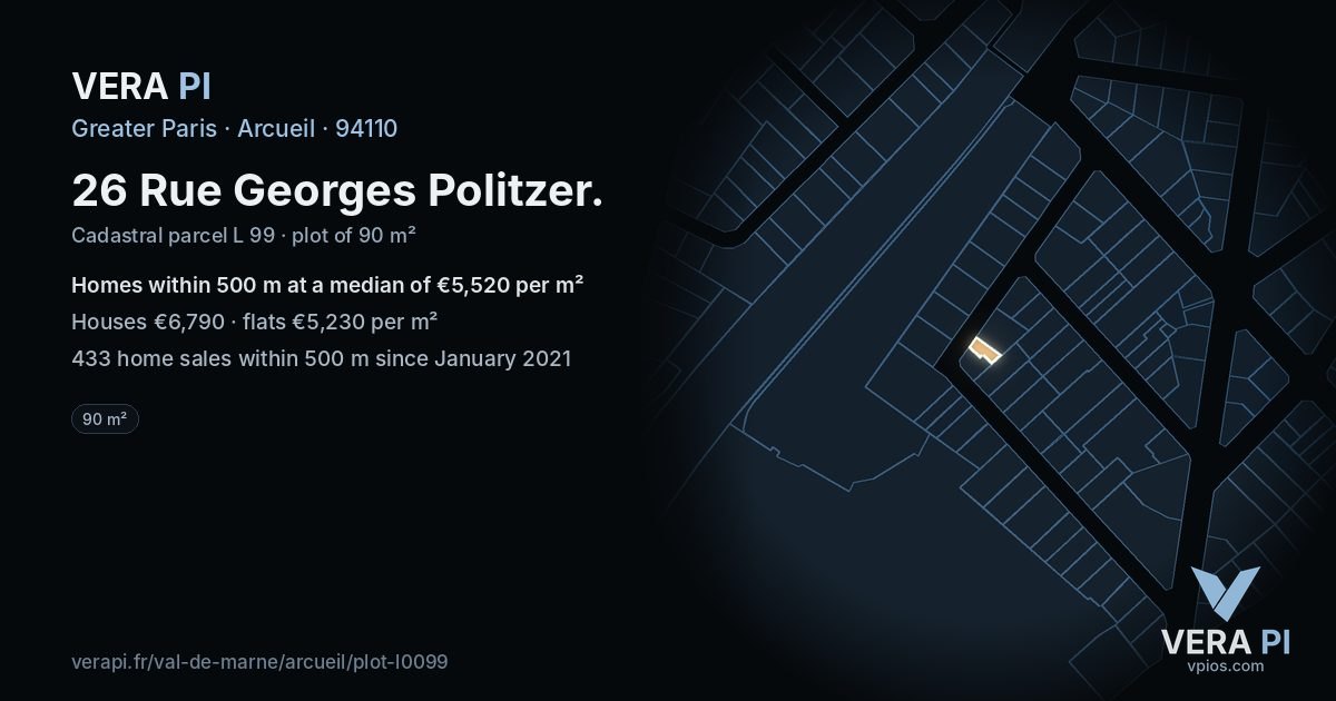 26 Rue Georges Politzer, Arcueil at night – the plot lit, the parcels around coloured by the prices near them