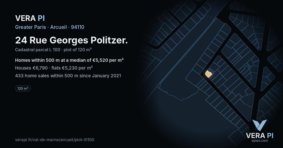 24 Rue Georges Politzer, Arcueil at night – the plot lit, the parcels around coloured by the prices near them