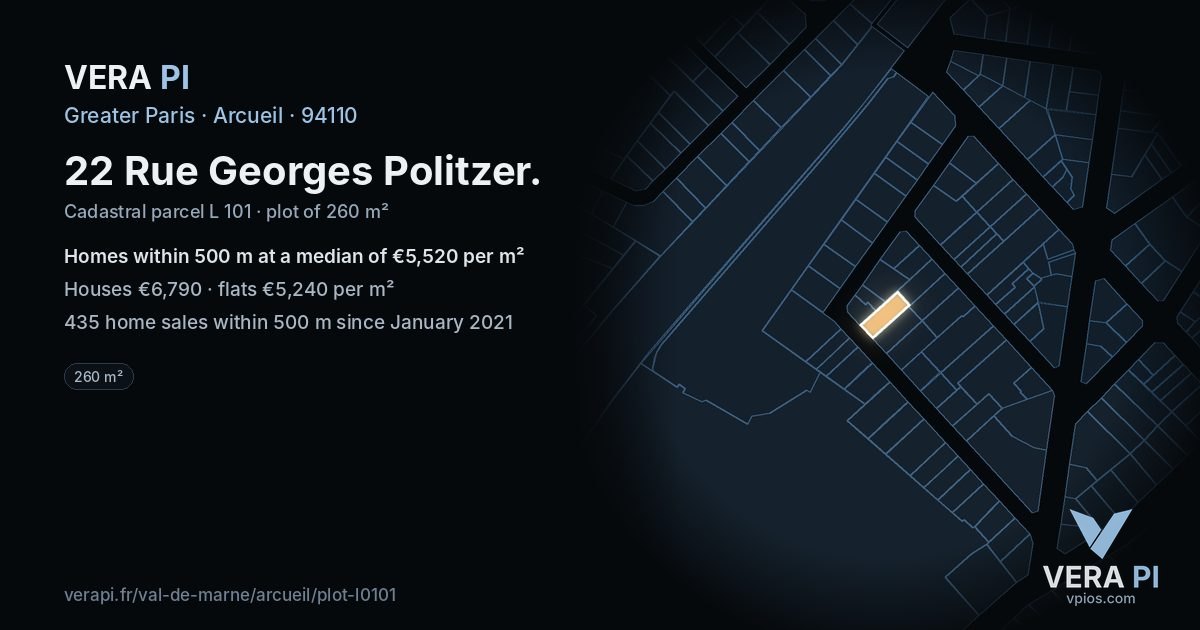 22 Rue Georges Politzer, Arcueil at night – the plot lit, the parcels around coloured by the prices near them
