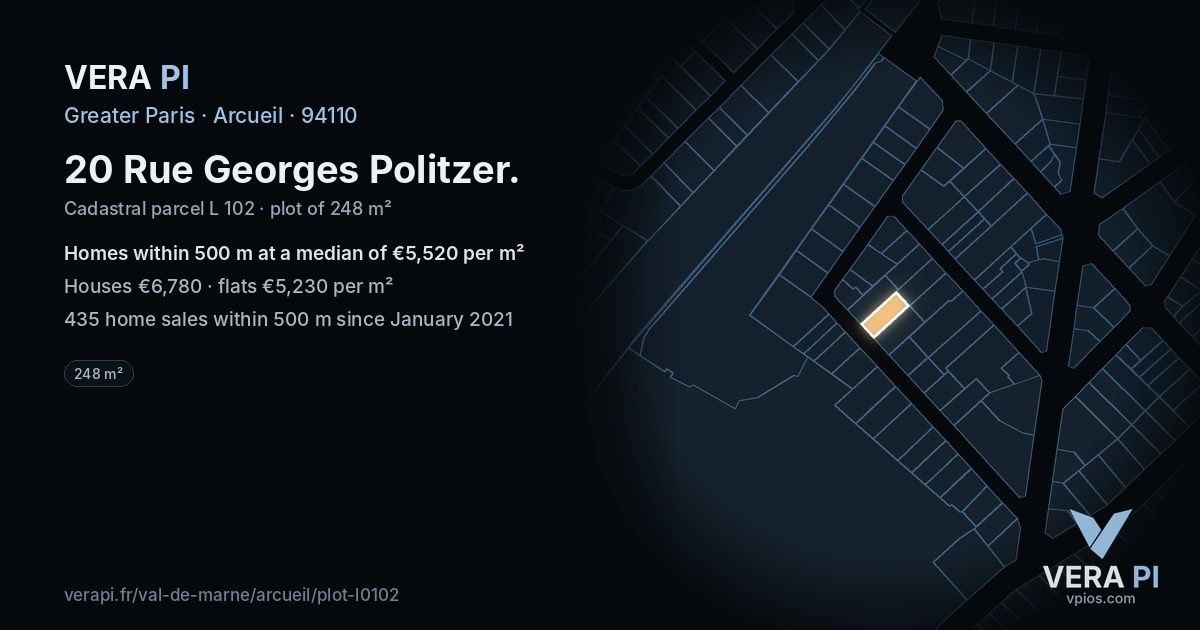 20 Rue Georges Politzer, Arcueil at night – the plot lit, the parcels around coloured by the prices near them