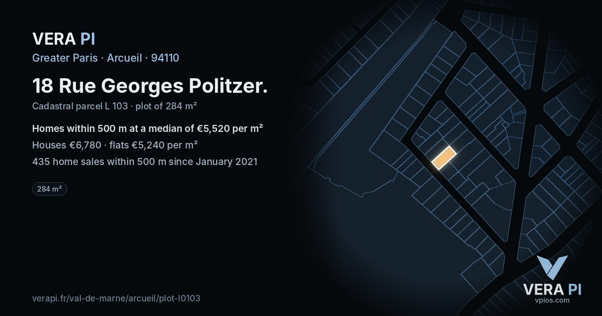 18 Rue Georges Politzer, Arcueil at night – the plot lit, the parcels around coloured by the prices near them