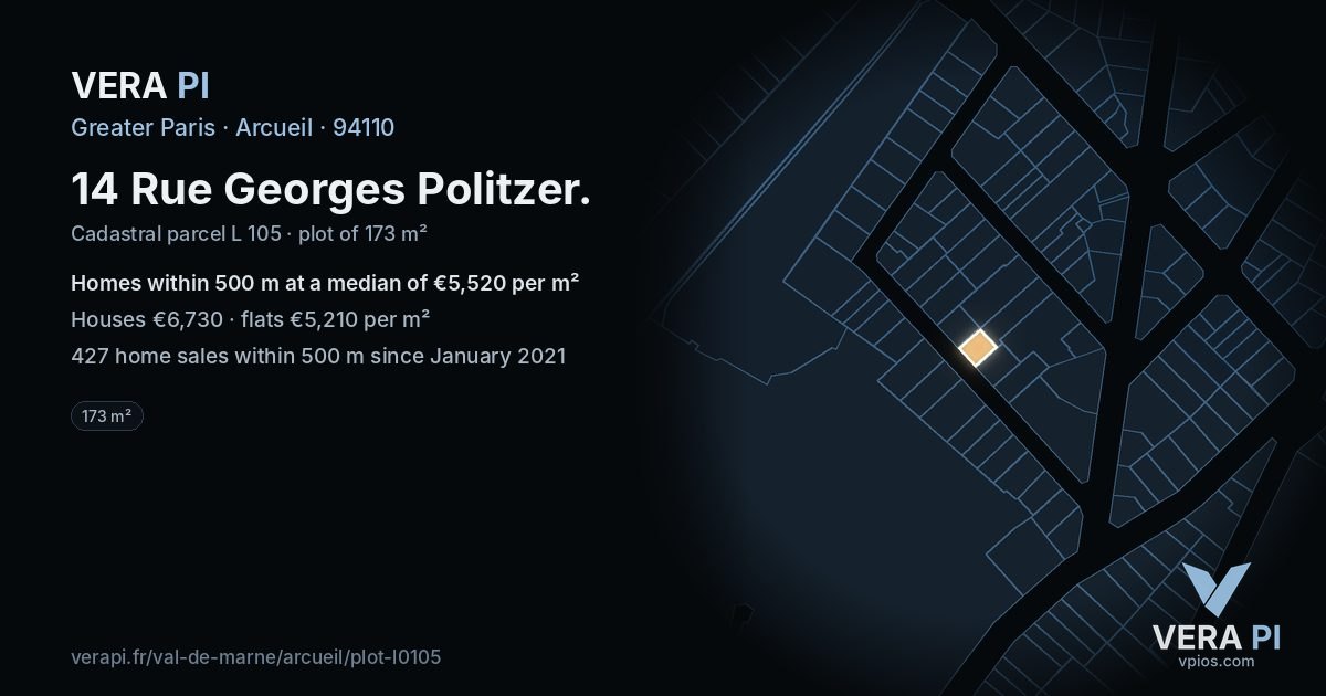 14 Rue Georges Politzer, Arcueil at night – the plot lit, the parcels around coloured by the prices near them