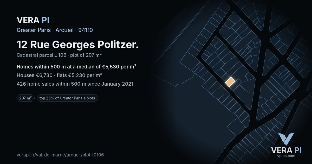12 Rue Georges Politzer, Arcueil at night – the plot lit, the parcels around coloured by the prices near them