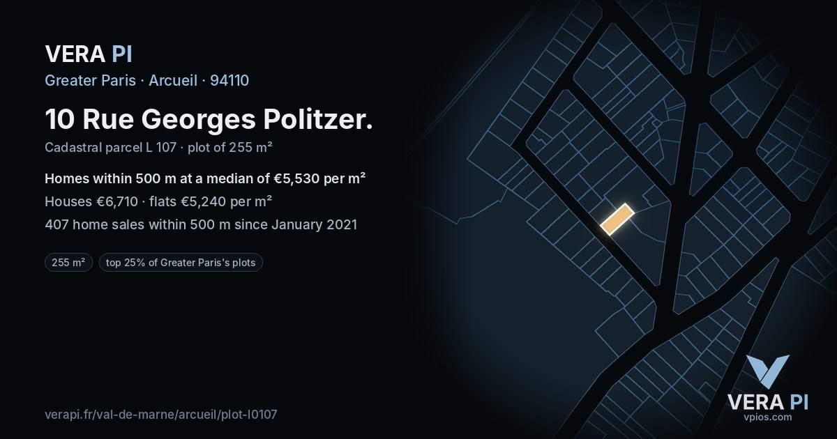 10 Rue Georges Politzer, Arcueil at night – the plot lit, the parcels around coloured by the prices near them
